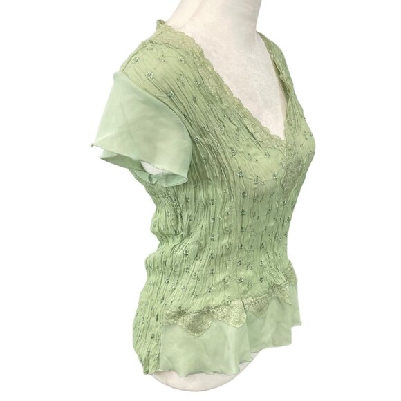 Sunny Taylor Petal Pastel Green Lace Trim Smocked Floral Peasant Top Size M - Picture 4 of 10